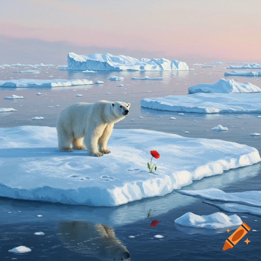 A polar bear stands on an ice floe, looking at a single red poppy blooming on the ice, surrounded by icebergs in a calm arctic sea under a pink sky.