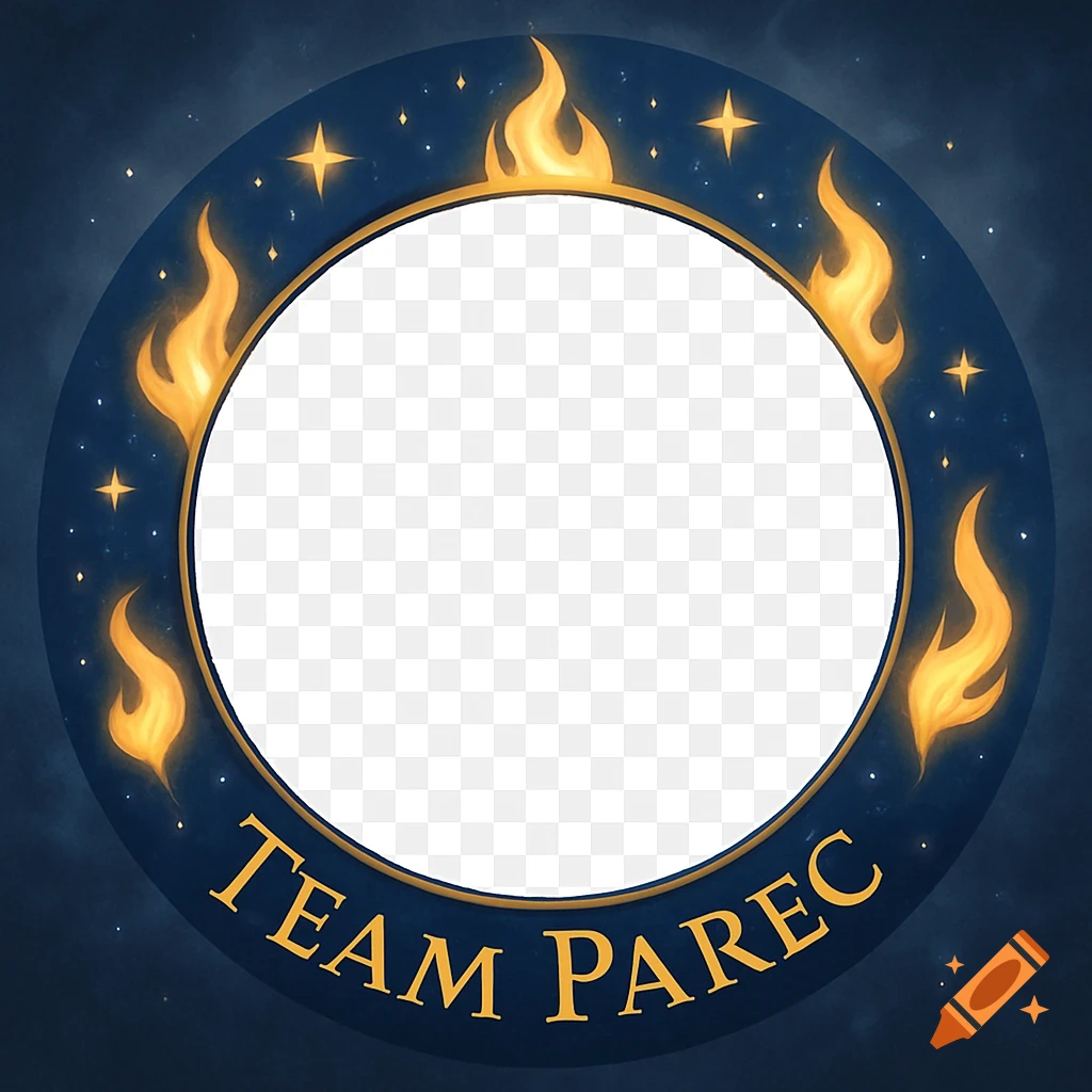 A circular dark blue frame with golden flames, stars, and the text 'TEAM PAREC' at the bottom, surrounding a transparent center.