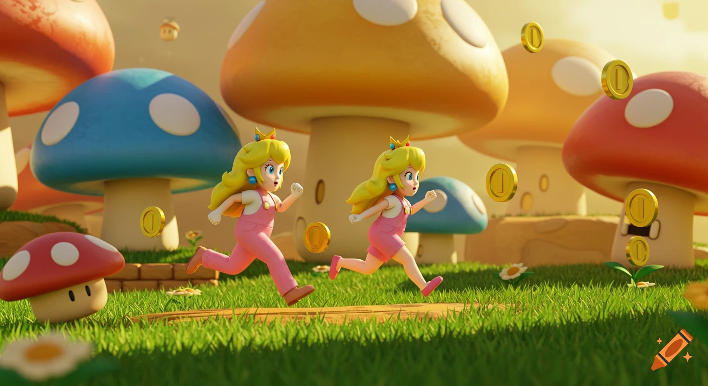 Two Princess Peach characters in pink overalls run through a vibrant 3D mushroom landscape with golden coins.