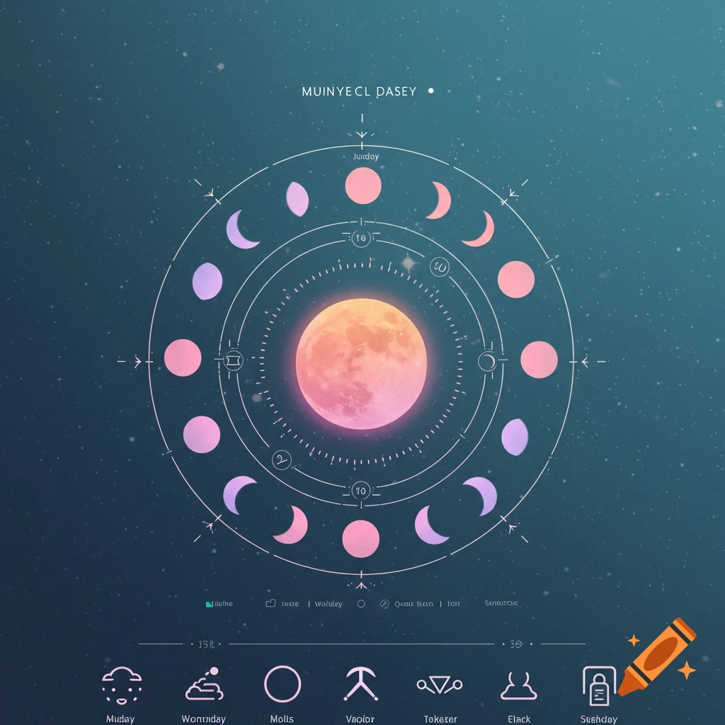 A stylized calendar or astrological chart with a central glowing pink moon surrounded by crescent and full moon phases, set against a starry blue-green cosmic background with abstract text.