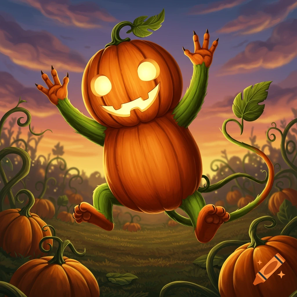 A cute, cartoon-style anthropomorphic pumpkin character with green limbs, a leafy tail, and glowing jack-o'-lantern eyes jumps happily in a pumpkin patch at sunset.