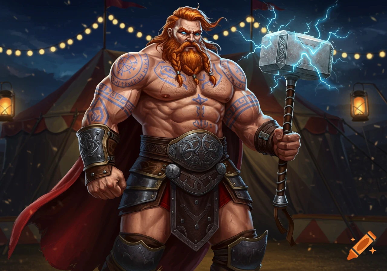 A muscular, red-bearded strongman with blue runic tattoos on his body, wearing a leather harness and armor, holding a glowing Mjolnir-like hammer. He stands in front of a circus tent under string lights at night, in a detailed fantasy art style.