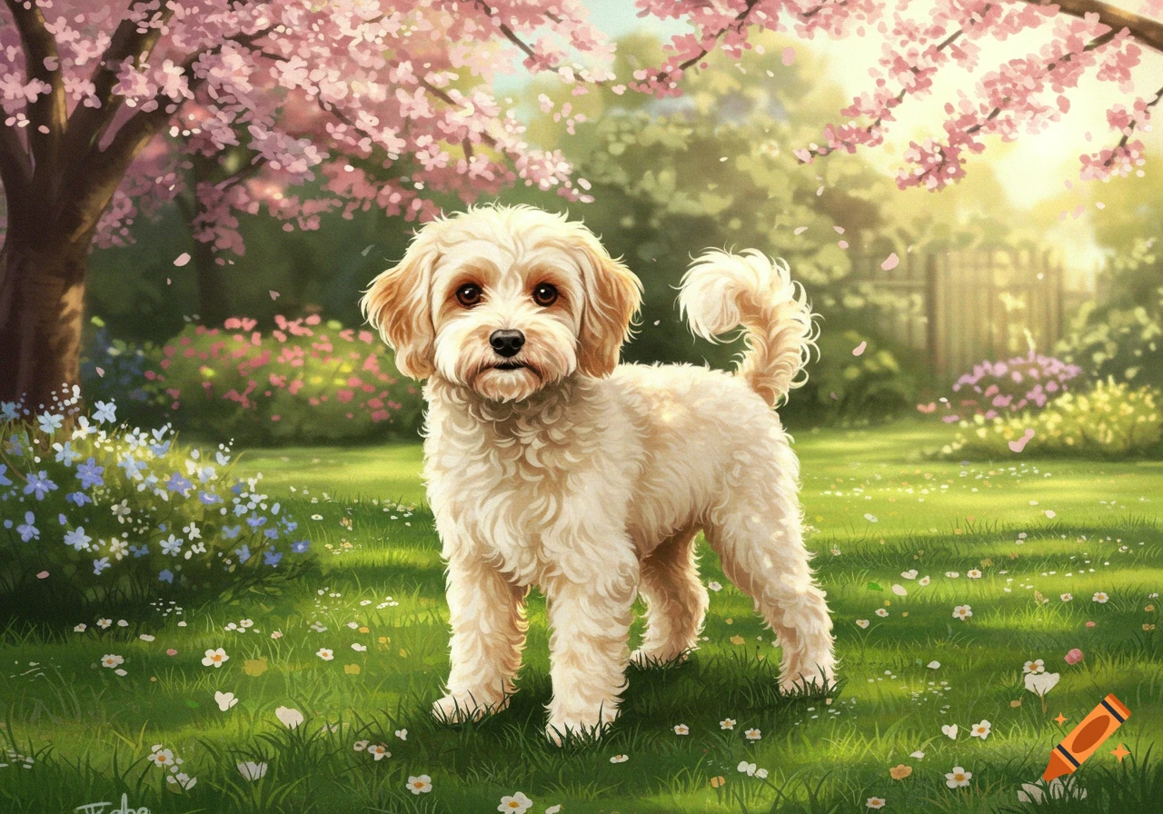 A fluffy, light-colored Bolonka Zwetna dog stands in a lush green garden with pink cherry blossoms and small flowers, digital art.