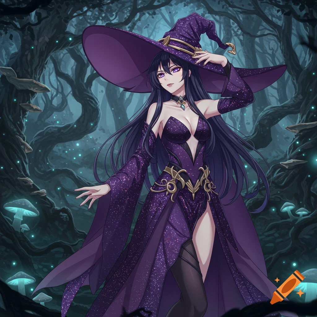 An anime-style witch with long black hair, purple eyes, and a glittery purple dress and hat stands in a dark enchanted forest with glowing mushrooms.