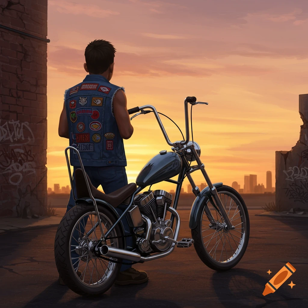 A young man in a denim vest stands next to a chopper motorcycle, overlooking an urban skyline at sunset.