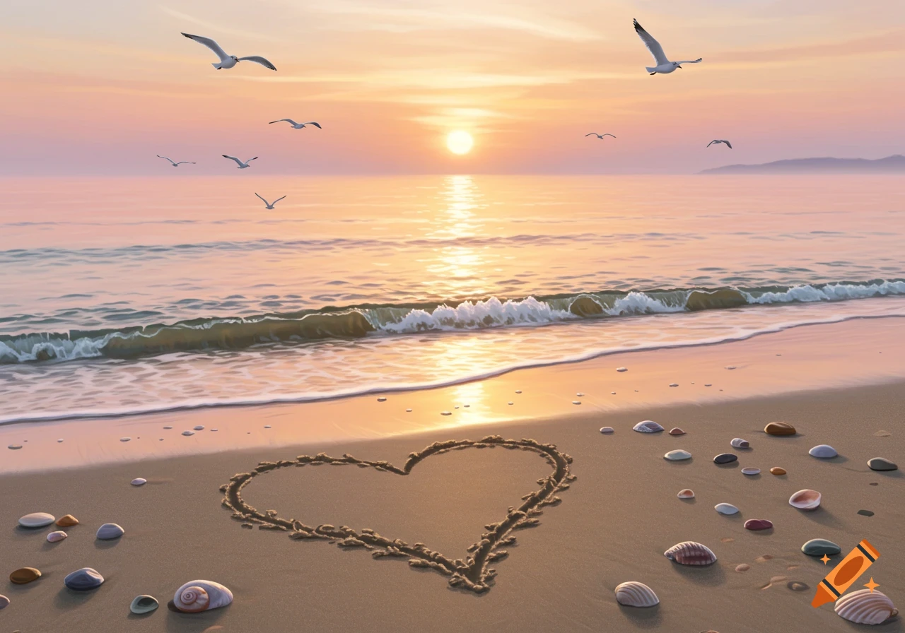 A serene beach at sunset with a heart drawn in the sand, seashells, and seagulls flying over the ocean.