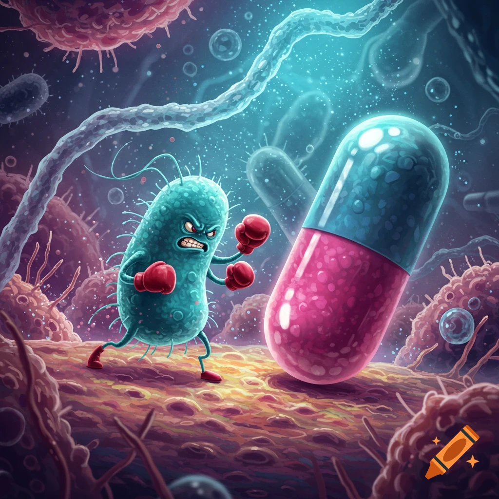 An angry cartoon bacterium in red boxing gloves and shoes prepares to fight a large pink and blue pill in a microscopic setting.