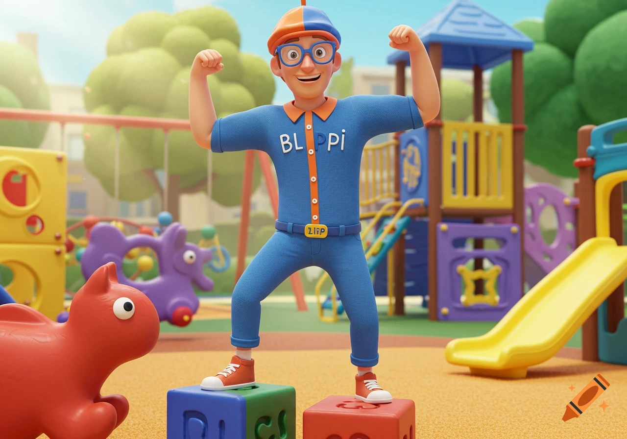 A smiling 3D animated character resembling Blippi in a blue and orange outfit flexes his arms on colorful blocks in a playground.