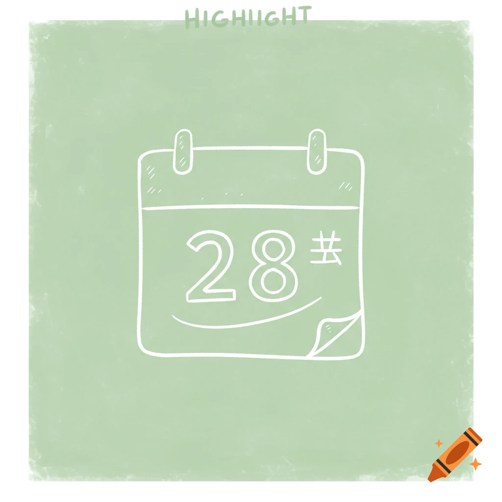 A pastel green highlight cover with a white outline drawing of a calendar showing the number 28 circled, and the word "HIGHLIIGHT" at the top.