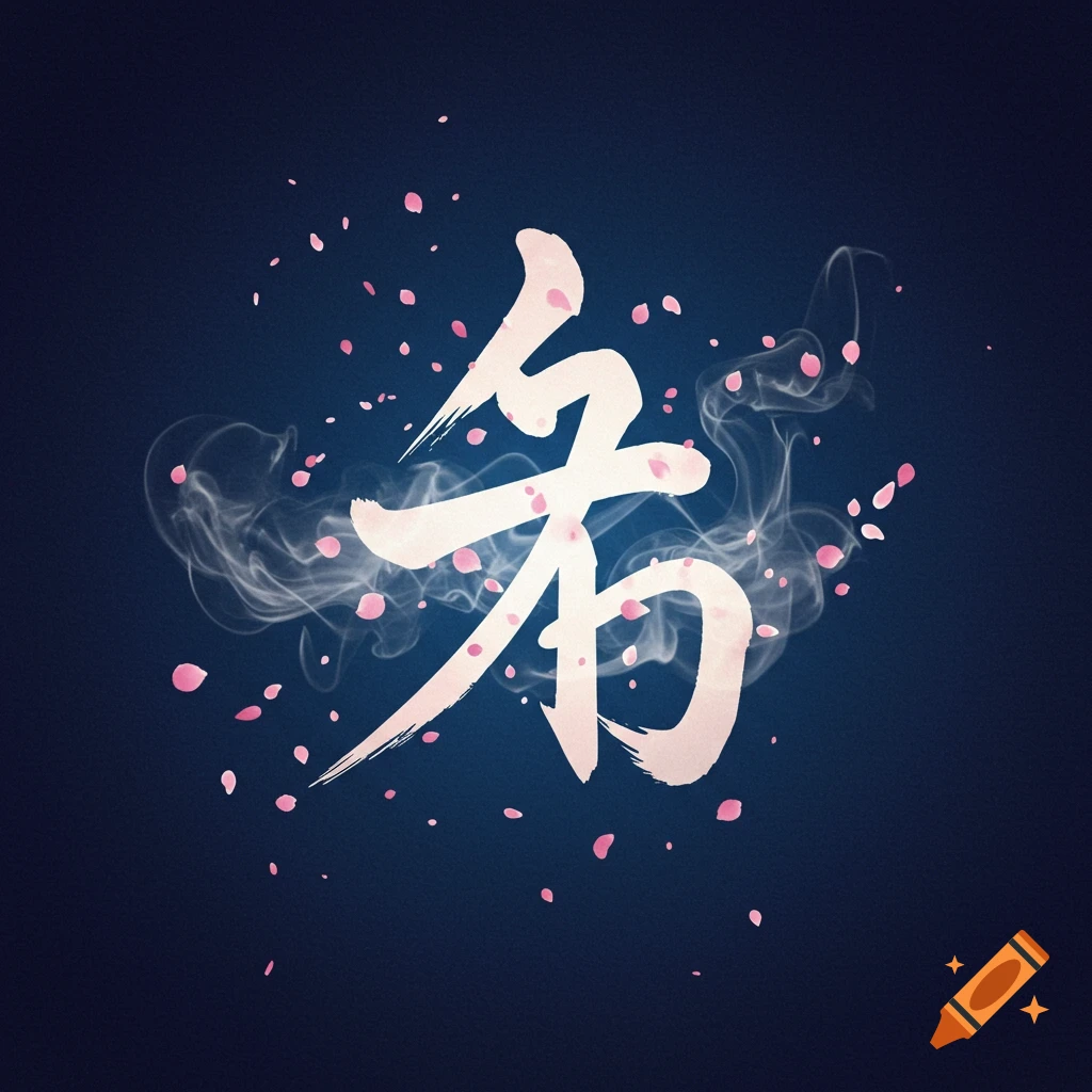 Stylized white Japanese hiragana character 'あ' with pink cherry blossom petals and white smoke on a dark blue background.