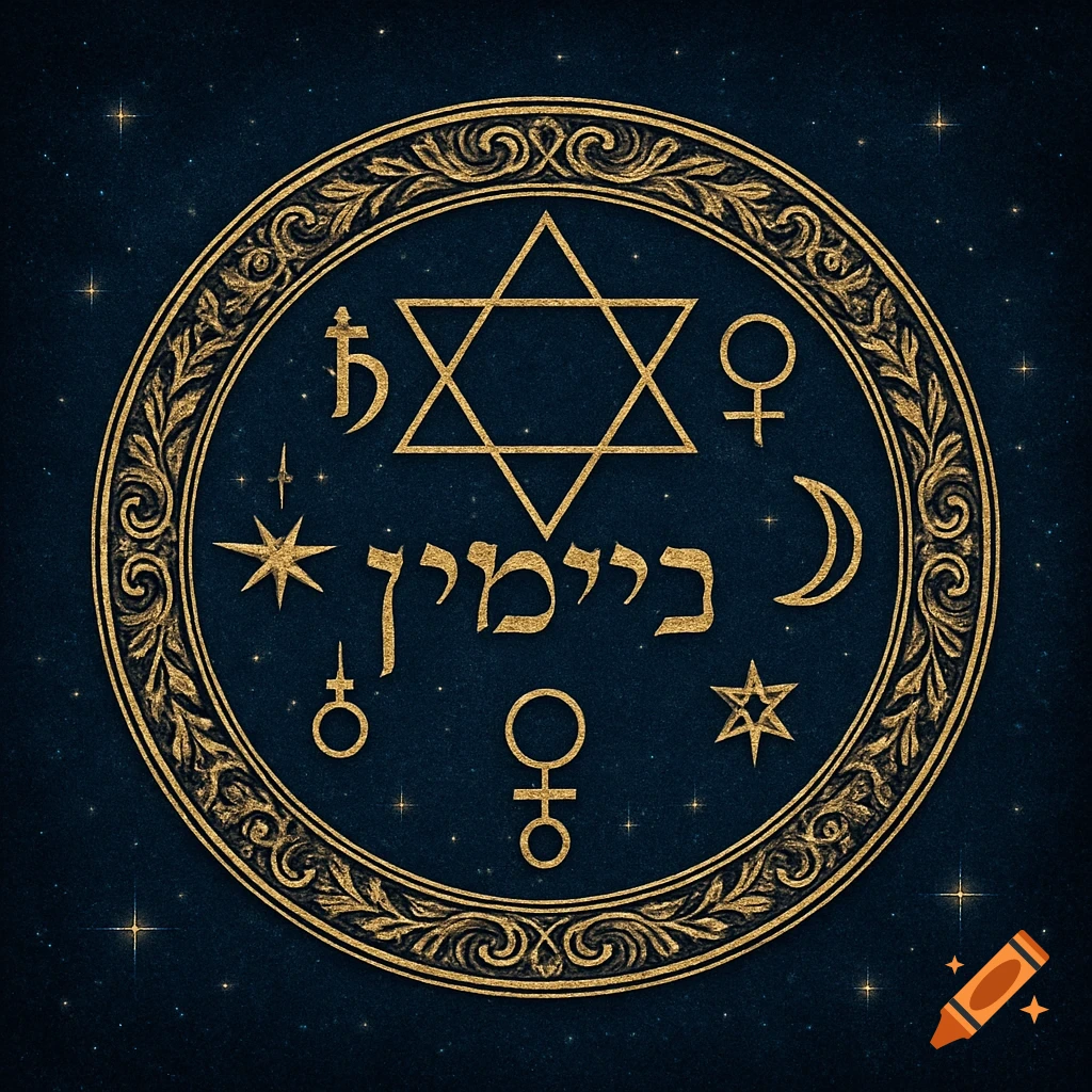 A golden alchemical and kabbalistic circular seal with a Star of David, Hebrew text, and mystical symbols on a deep blue starry background.