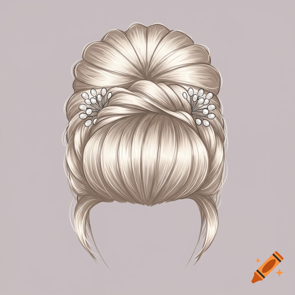 Elegant blonde updo hairstyle with pearl hairpins, clip art style.