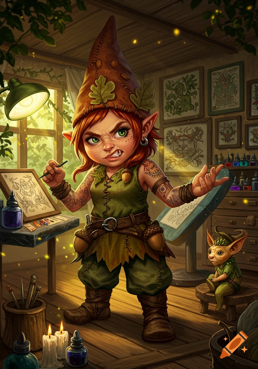 An angry red-haired girl gnome tattoo artist with a pointy hat works in a fantasy studio, with a small gnome apprentice watching.