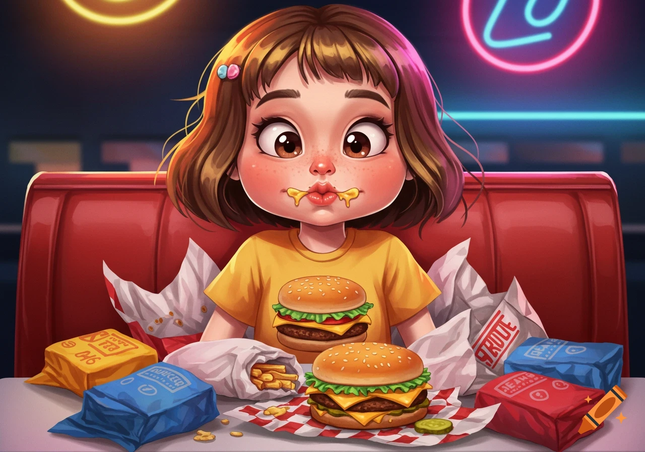A cute cartoon girl sits in a diner booth, messy from eating many hamburgers and fries, with neon lights in the background.