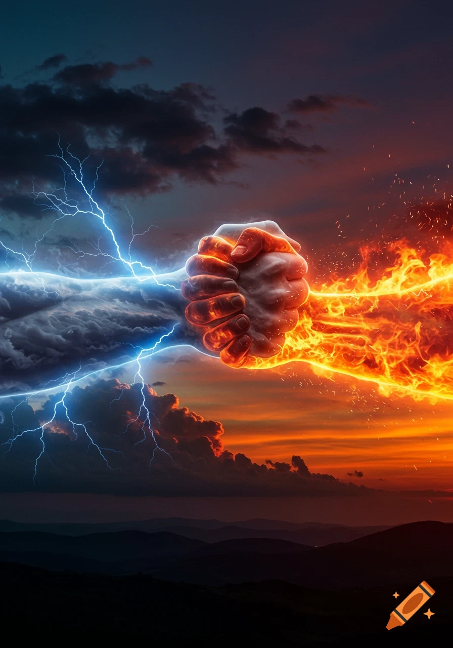 A dramatic thunder cloud arm and a fiery arm arm-wrestling in a stormy, sunset sky over mountains.