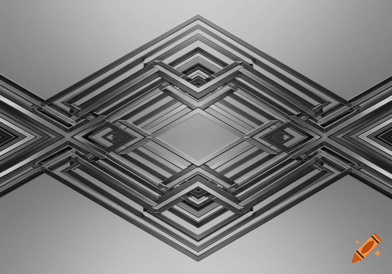 A grayscale abstract geometric illusion featuring nested diamond outlines that intersect, creating a complex, reflective pattern.