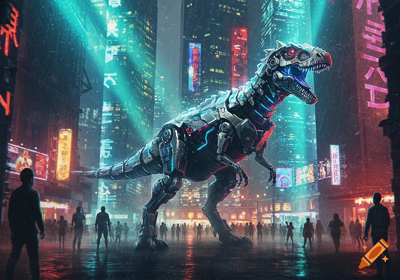 A large metallic dinosaur with blue neon lights stands in a futuristic city street at night, with silhouetted people and glowing signs.