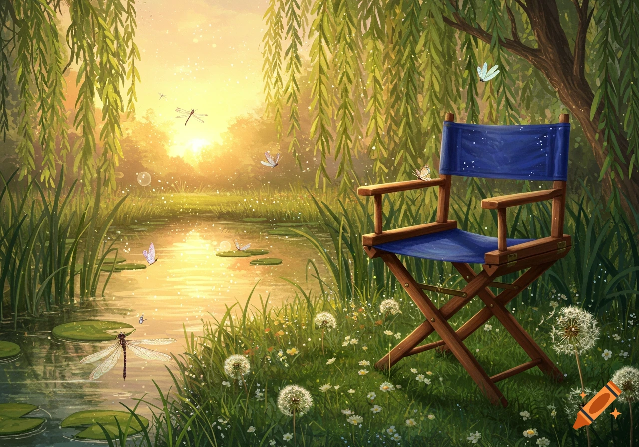 A blue director's chair sits by a sunlit pond with willow trees, dandelions, dragonflies, and butterflies in a fairytale setting.