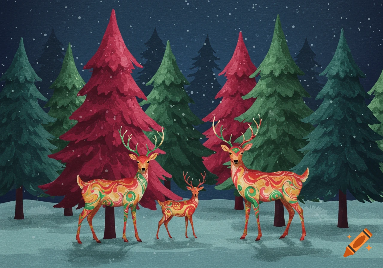 Watercolor illustration of three reindeer with colorful swirl patterns in a snowy forest with red and green Christmas trees at night.