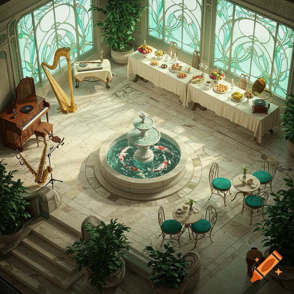 Overhead view of an ornate Art Nouveau winter garden with a koi fountain, banquet table, musical instruments, and stained-glass windows.