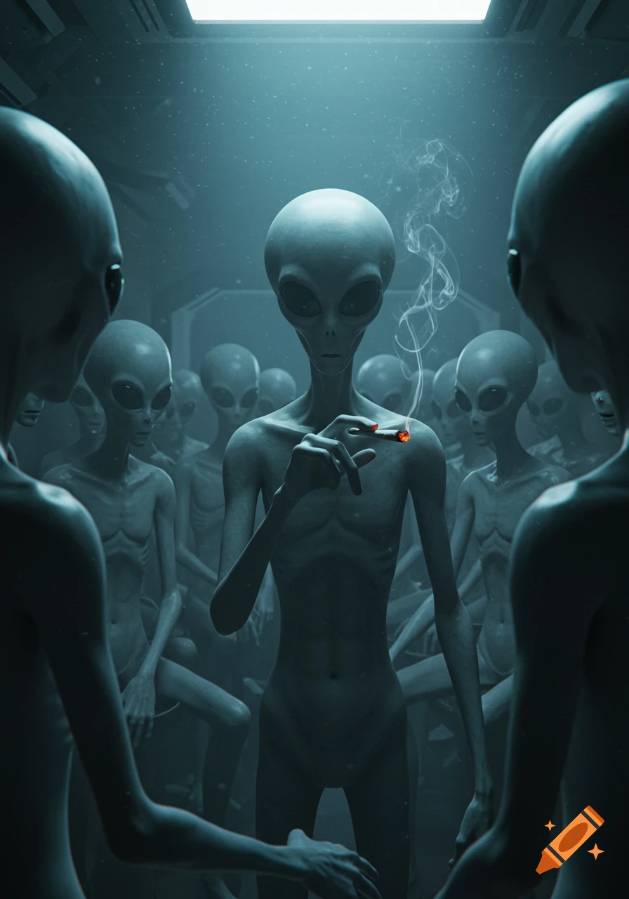 A grey alien in a dark, atmospheric room holds a lit joint, surrounded by other grey aliens.