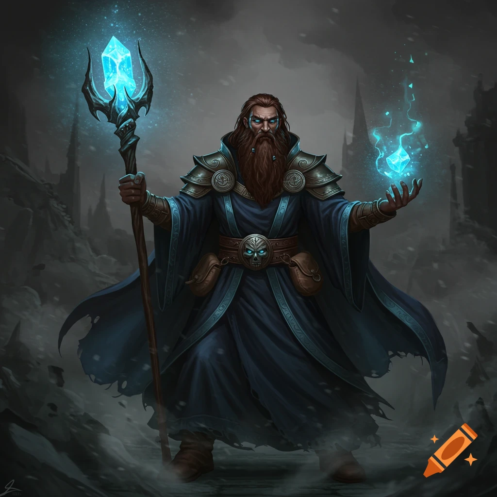 A brown-bearded wizard in a dark blue robe holds a glowing blue crystal staff and casts a spell in a dark, snowy fantasy landscape.