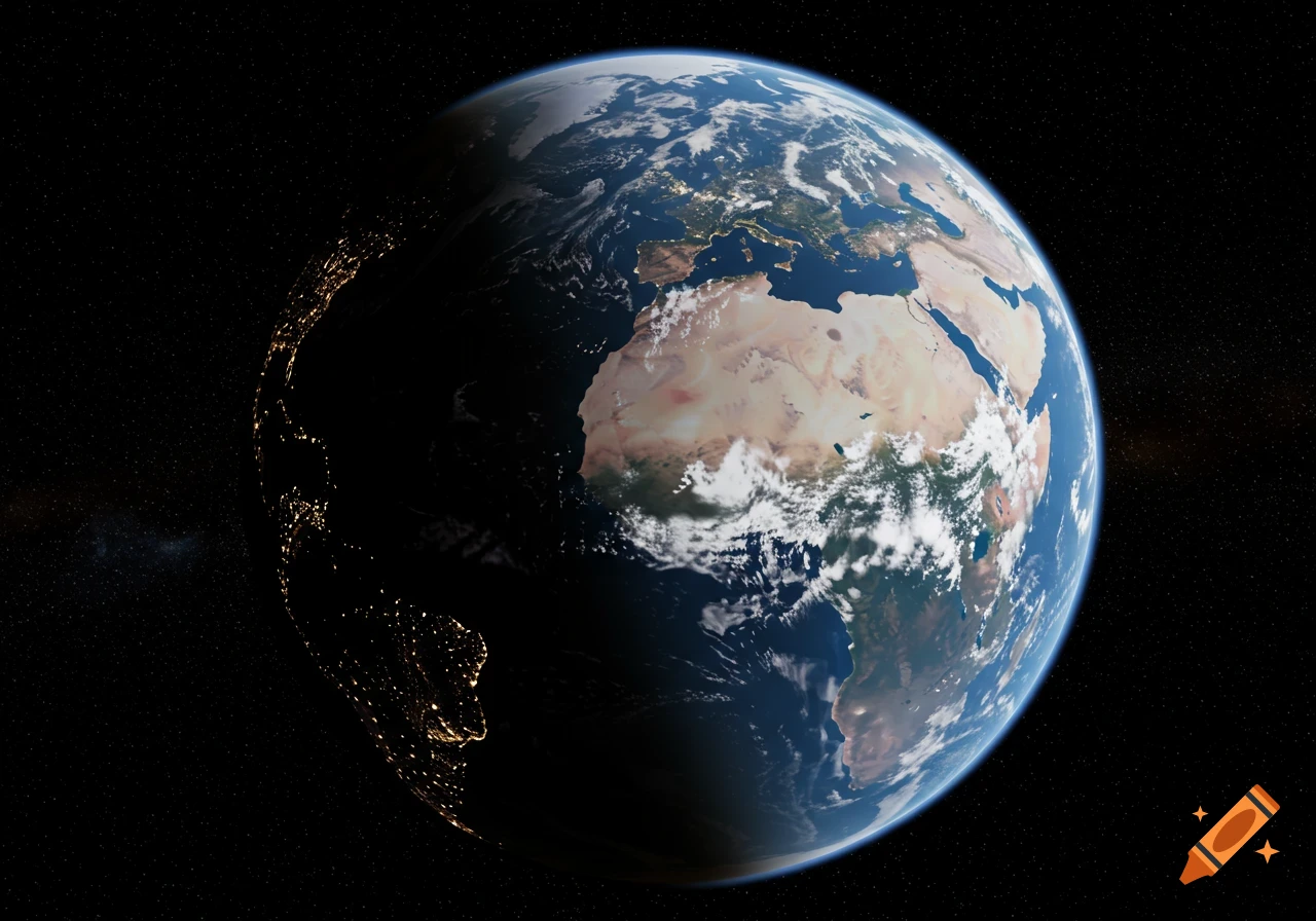 High-resolution view of Earth from space, showing continents, clouds, oceans, and city lights on the night side.