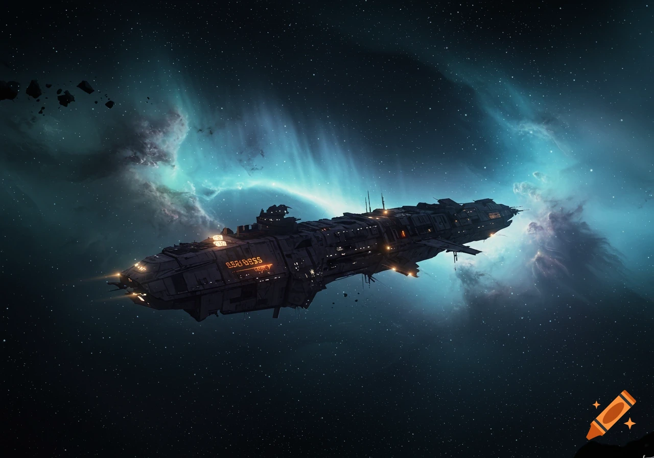 A large, heavily armored spaceship with glowing details floats through deep space, illuminated by vibrant blue and purple nebulae.