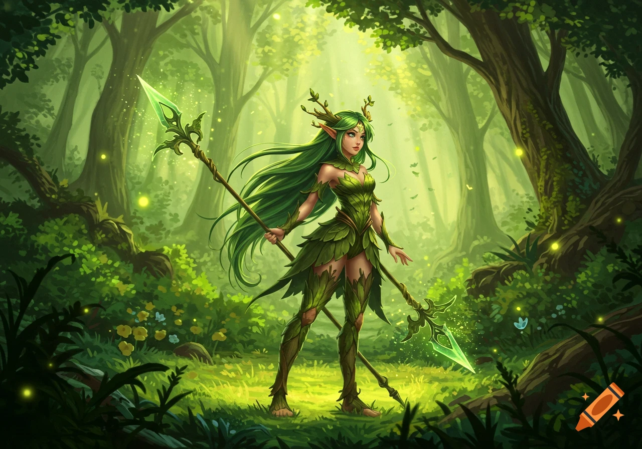 A magical elf girl with long green hair and leaf armor stands in an enchanted forest, holding a glowing green spear.