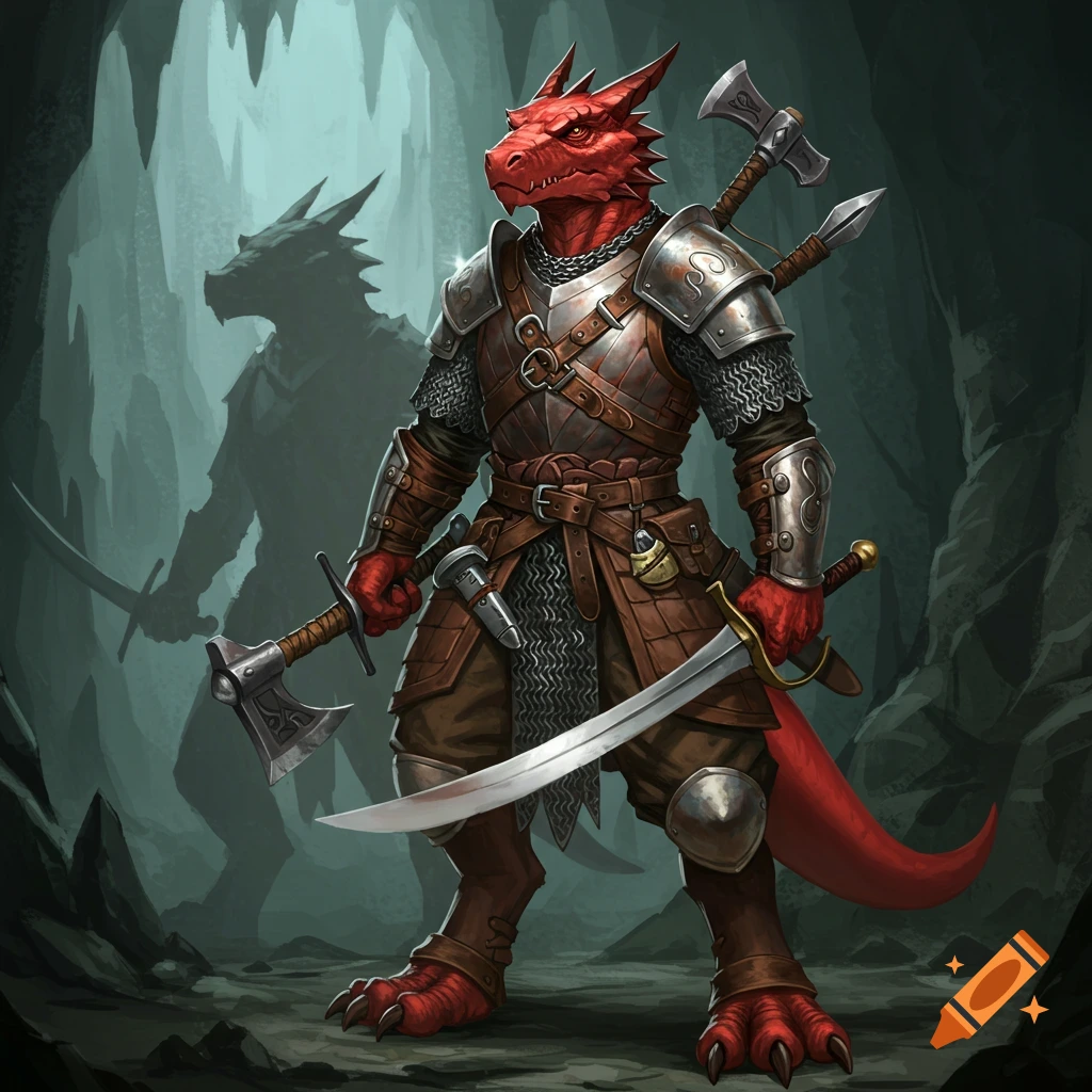Red armored dragon-like warrior holding a scimitar and an axe in a cave, with a shadowy figure behind.