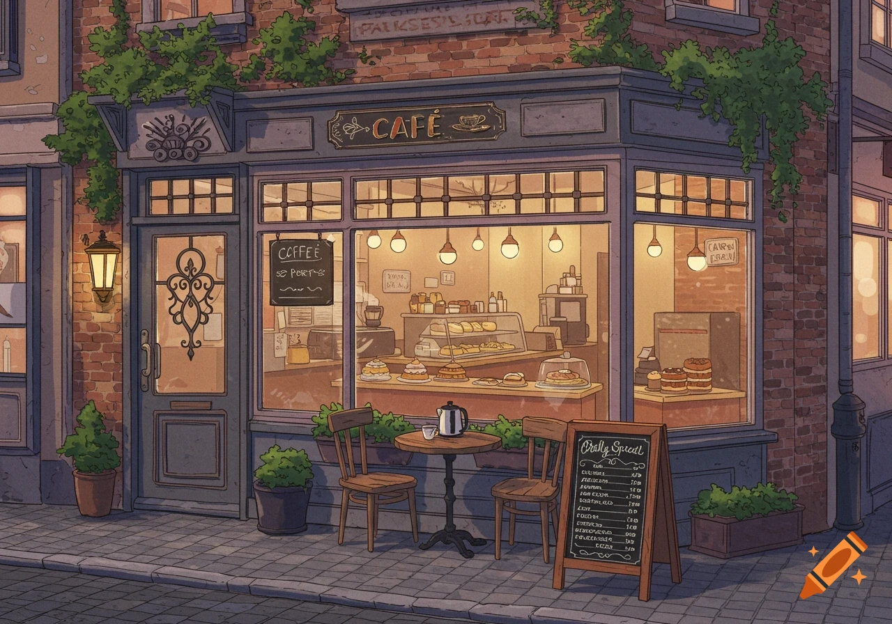 An illustrated cafe exterior at dusk, with glowing windows