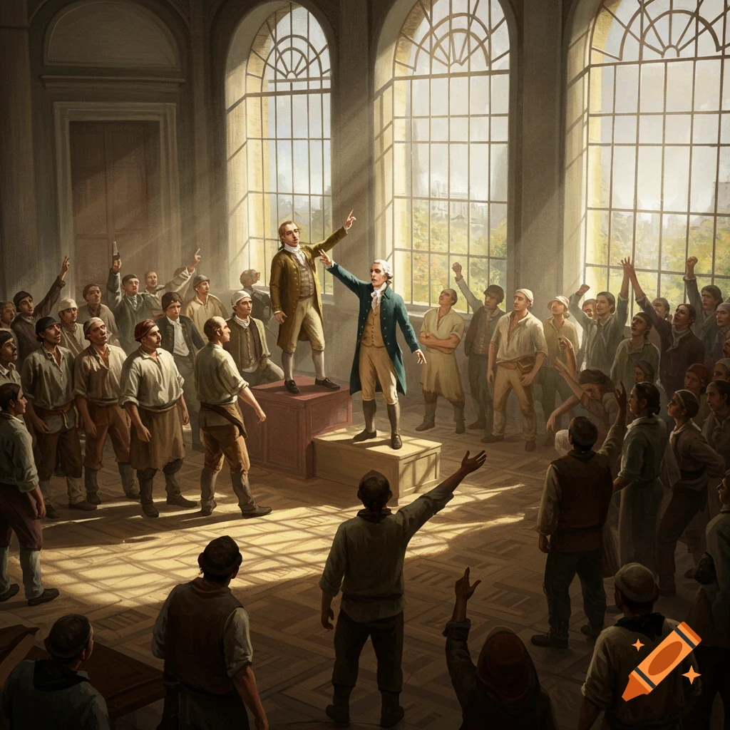 A historical painting depicts a large crowd of men listening to two speakers on raised platforms in a grand hall with tall windows, illuminated by sunlight.