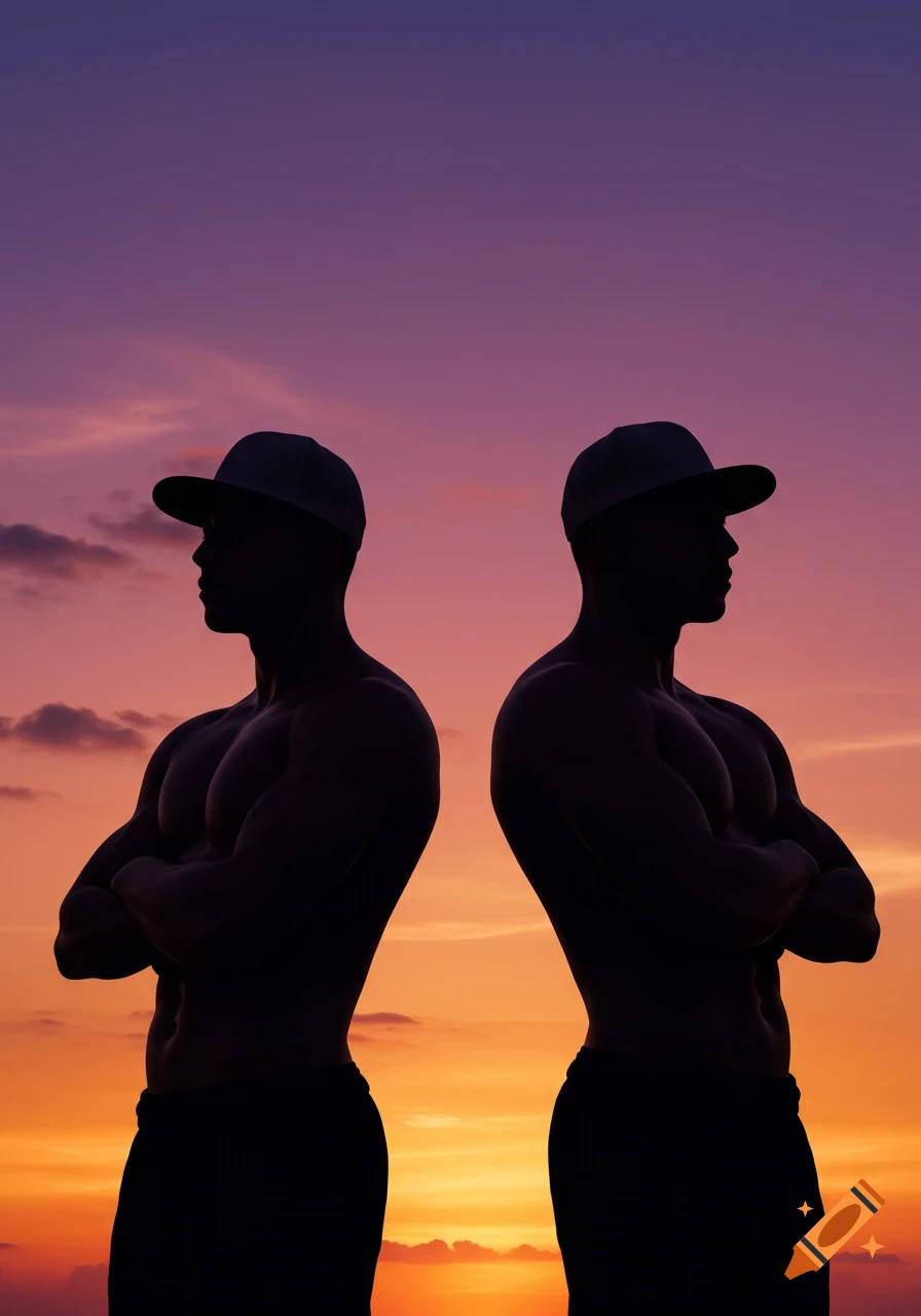 Two muscular male silhouettes wearing baseball hats stand with crossed arms against a vibrant orange and purple sunset sky.