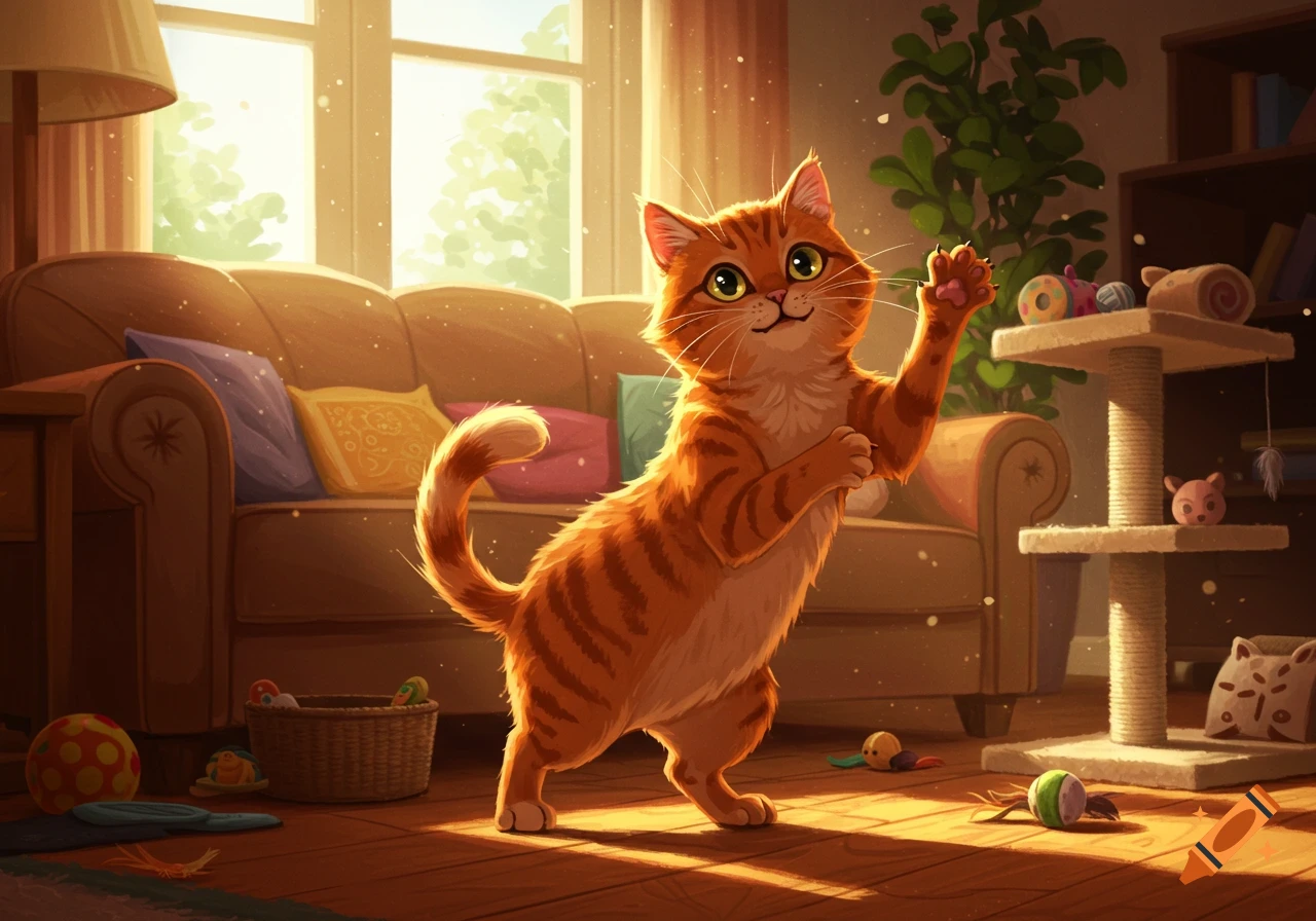 A cartoon orange tabby cat stands on its hind legs, paw raised, in a sunlit living room with a sofa and cat tree.