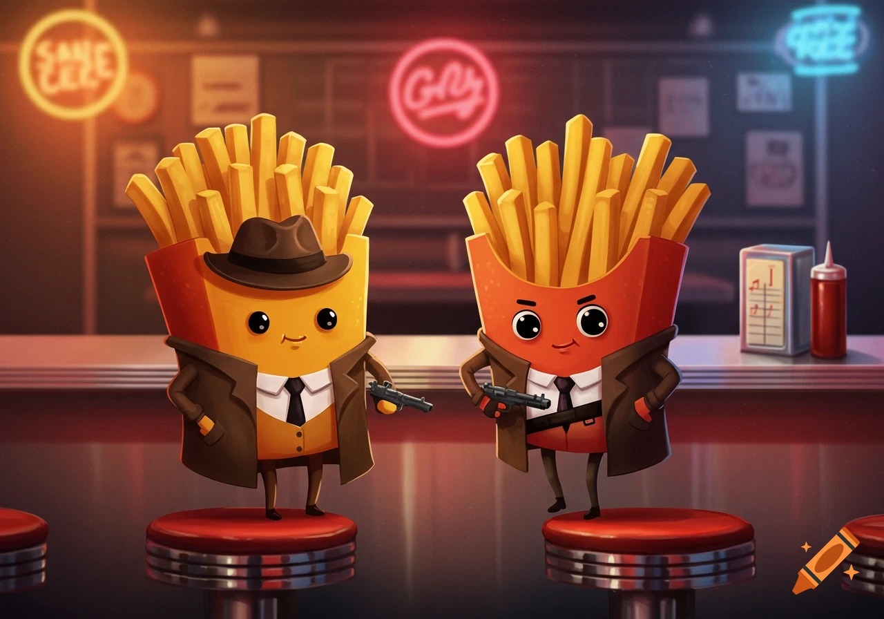 Two cute cartoon french fries, dressed as gangsters in trench coats and ties, hold pistols while standing on red diner stools in a neon-lit diner.