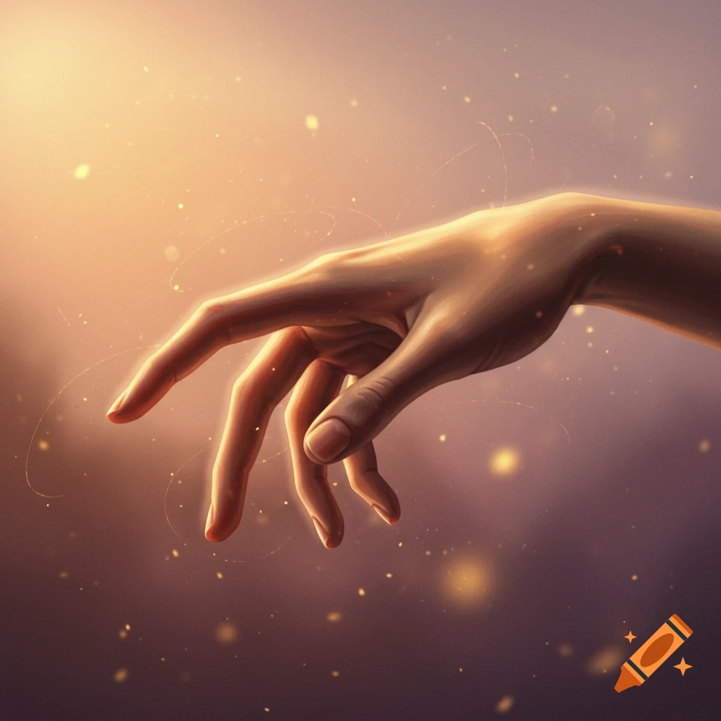 A close-up, artistic depiction of a hand reaching out, illuminated by warm, glowing light and sparkles.