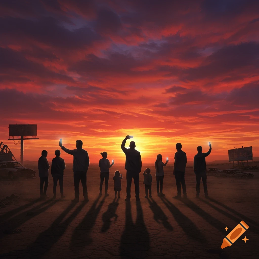 Silhouettes of a family holding glowing phones against a fiery red and orange sunset over a desolate, post-apocalyptic landscape.
