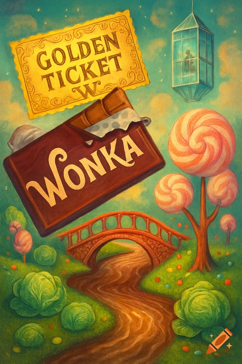 Whimsical illustration of a Golden Ticket, Wonka chocolate bar, chocolate river, candy trees, cabbages, and glass elevator.