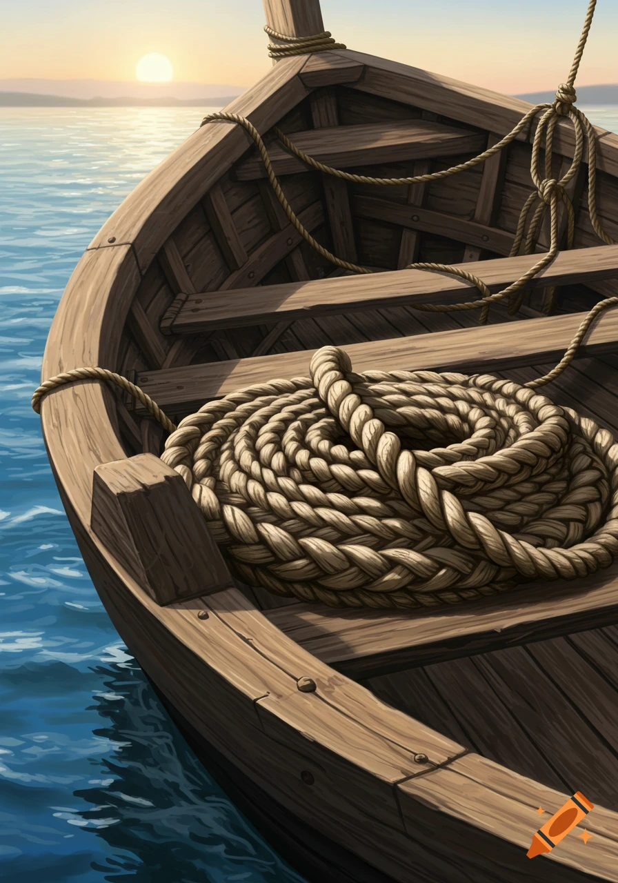 A close-up, high-angle view of a wooden fishing boat with a thick coiled rope inside, on calm blue water with a sunset in the background.