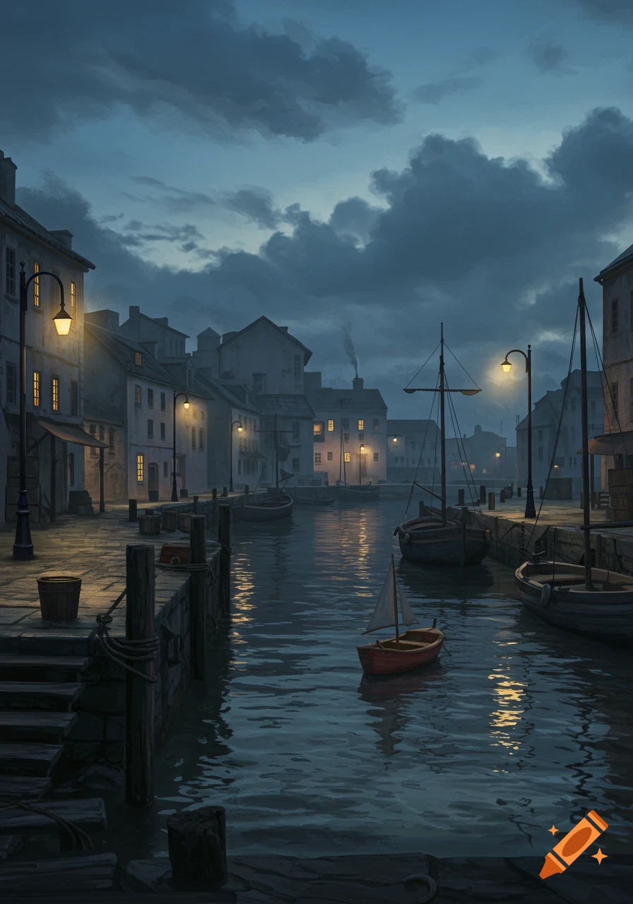 A moody harbor scene at dusk with old buildings, streetlights, and boats in the water under a cloudy sky.