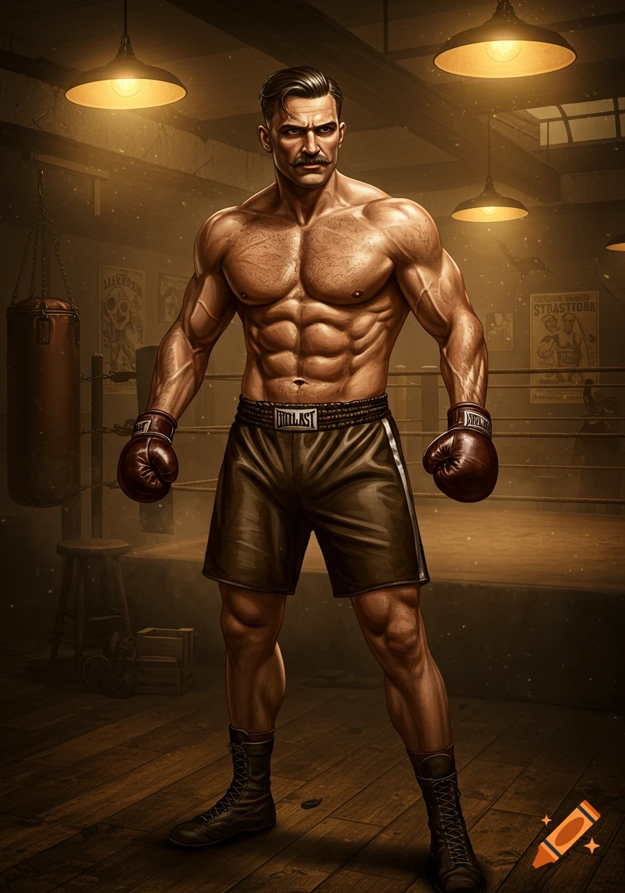 A muscular 19th-century boxer with a mustache, wearing shorts and boxing gloves, standing in a dimly lit vintage boxing gym.