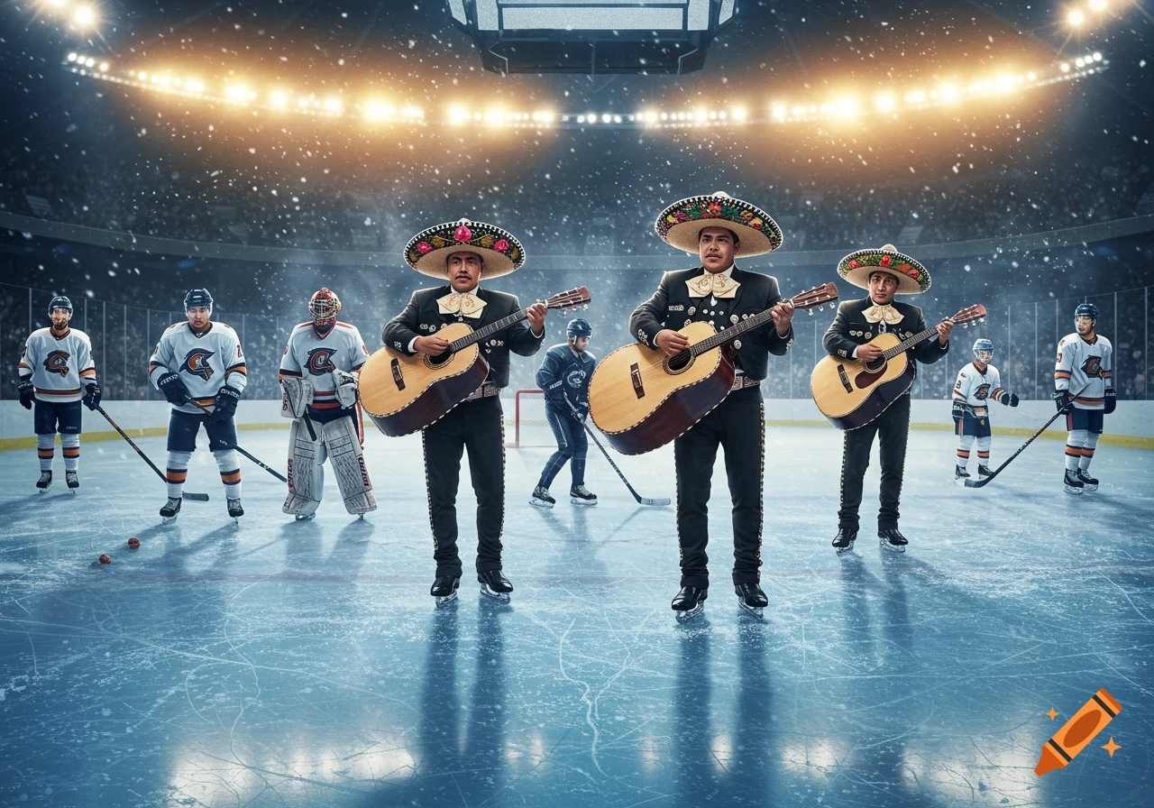 Photorealistic image of a mariachi band playing guitars on ice skates in a hockey rink, surrounded by hockey players.