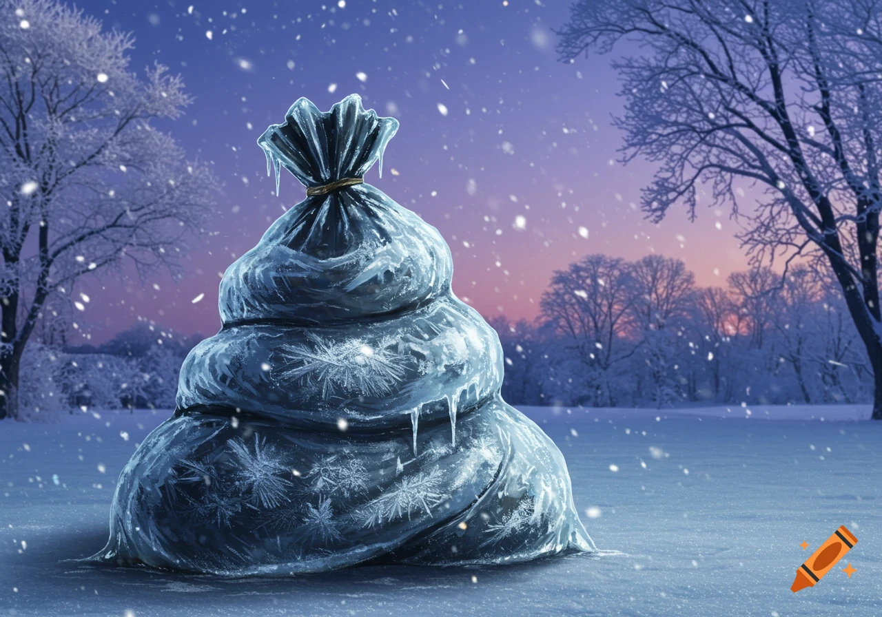 A large, icy trash bag resembling a pile of poop sits in a snowy field at twilight, with bare trees and falling snow.