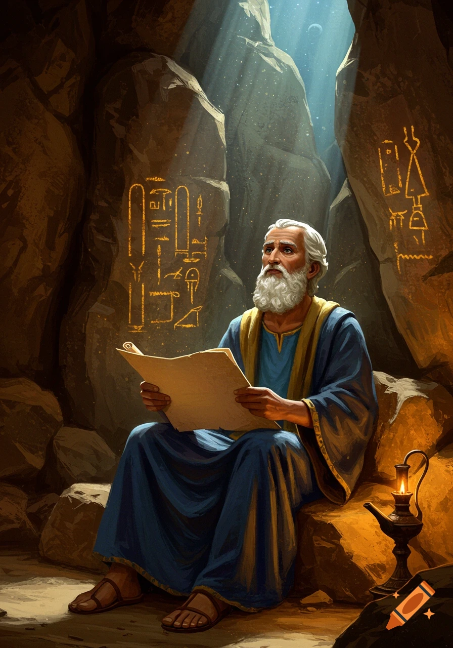 A bearded old man in blue robes sits in a cave, reading a scroll, illuminated by light from above and an oil lamp. Ancient carvings adorn the cave walls.