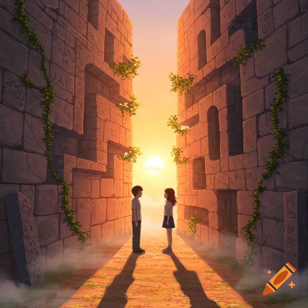 Anime-style illustration of a boy and girl standing opposite each other in a sunlit stone maze, with vines on the walls.