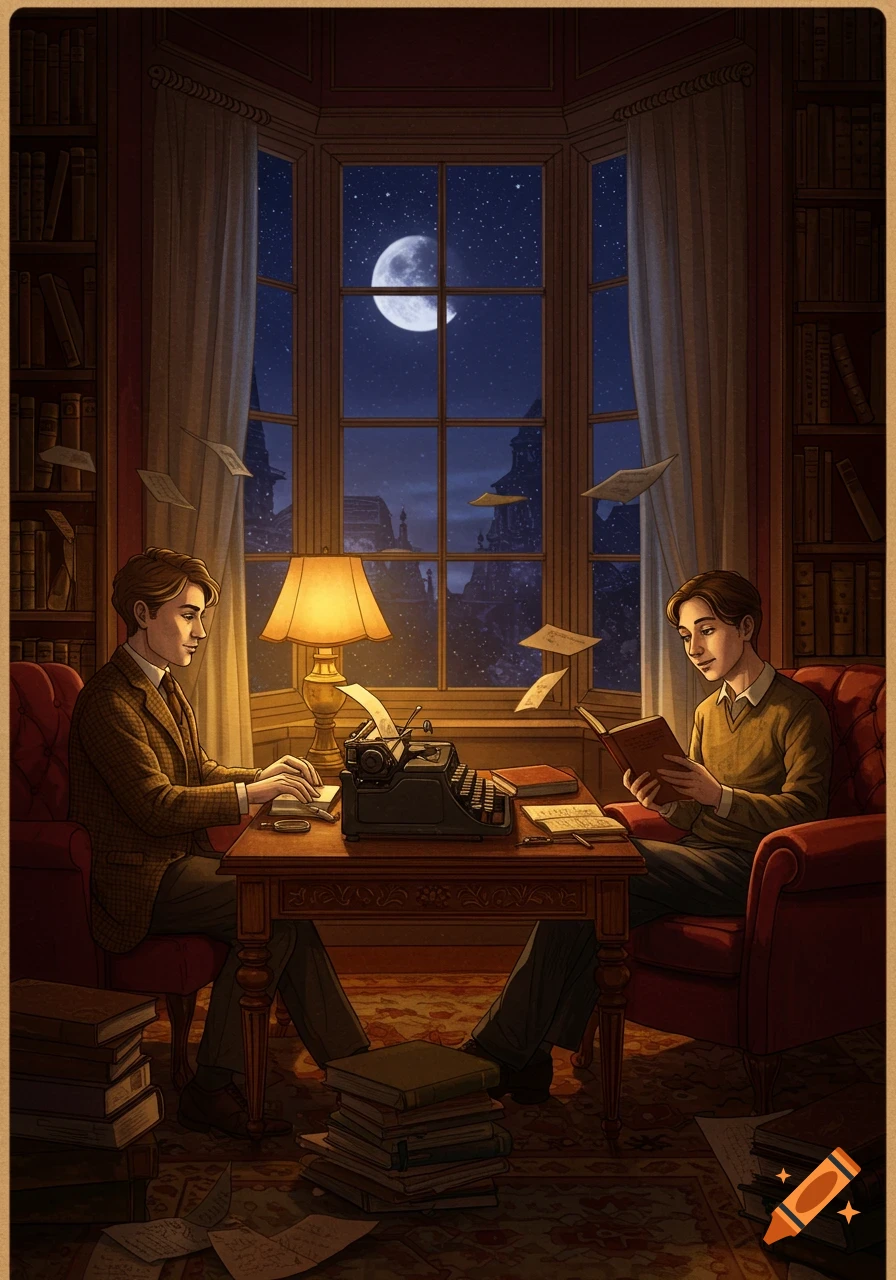 Two men in a warmly lit, book-filled study at night. One types at a desk, the other reads in an armchair, with papers flying through the air and a large moon visible outside the window. Stylized art.