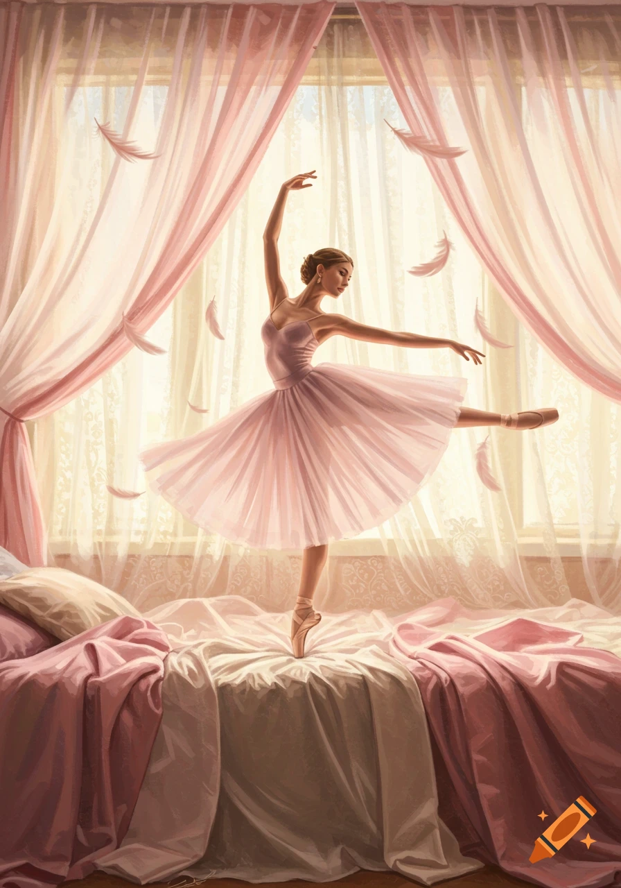 A graceful ballerina in a pink tutu dances on a plush bed in a sunlit room with pink curtains and falling feathers, painted.