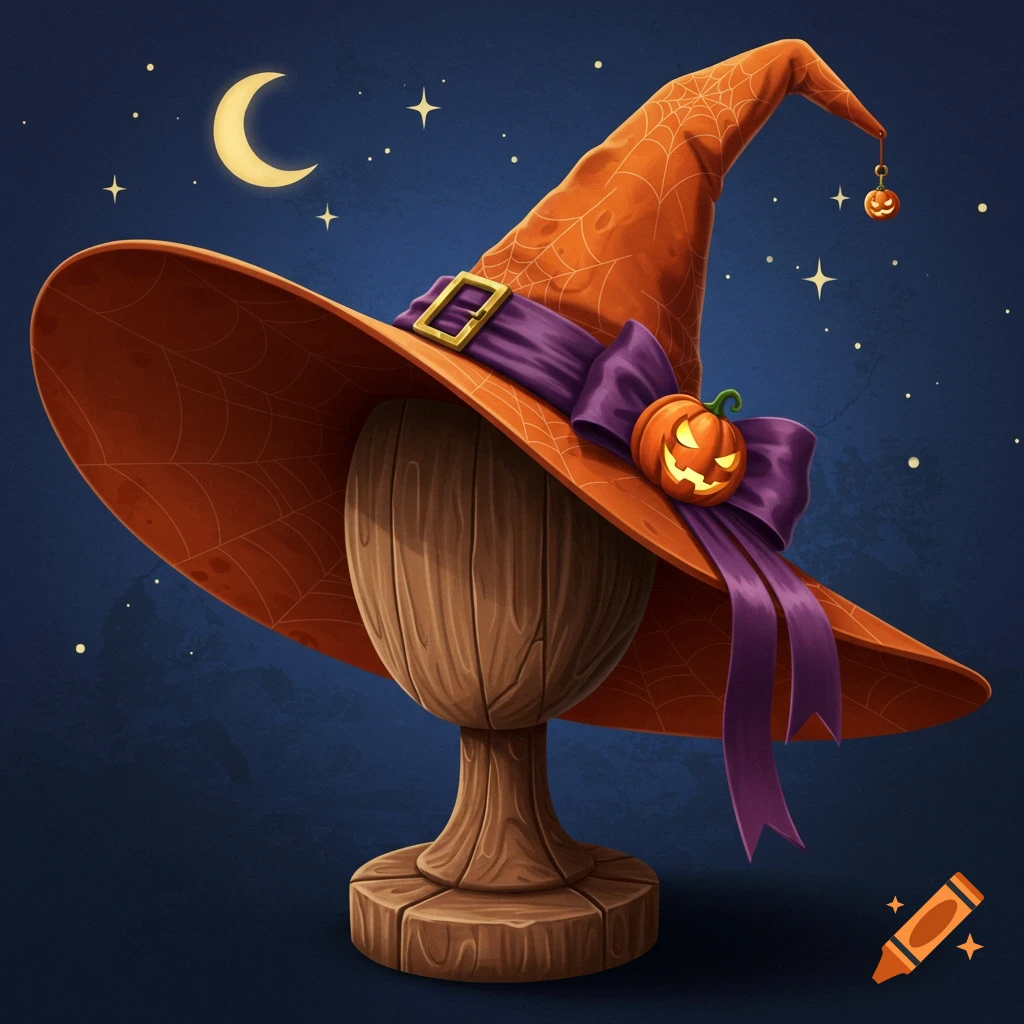 An illustrated orange witch's hat with purple ribbon and pumpkin decorations on a wooden stand against a starry night sky with a crescent moon.