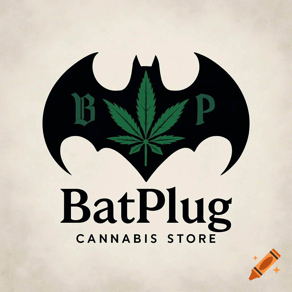 A black bat symbol logo with a green cannabis leaf in the center, and the text 'BatPlug CANNABIS STORE' below it.