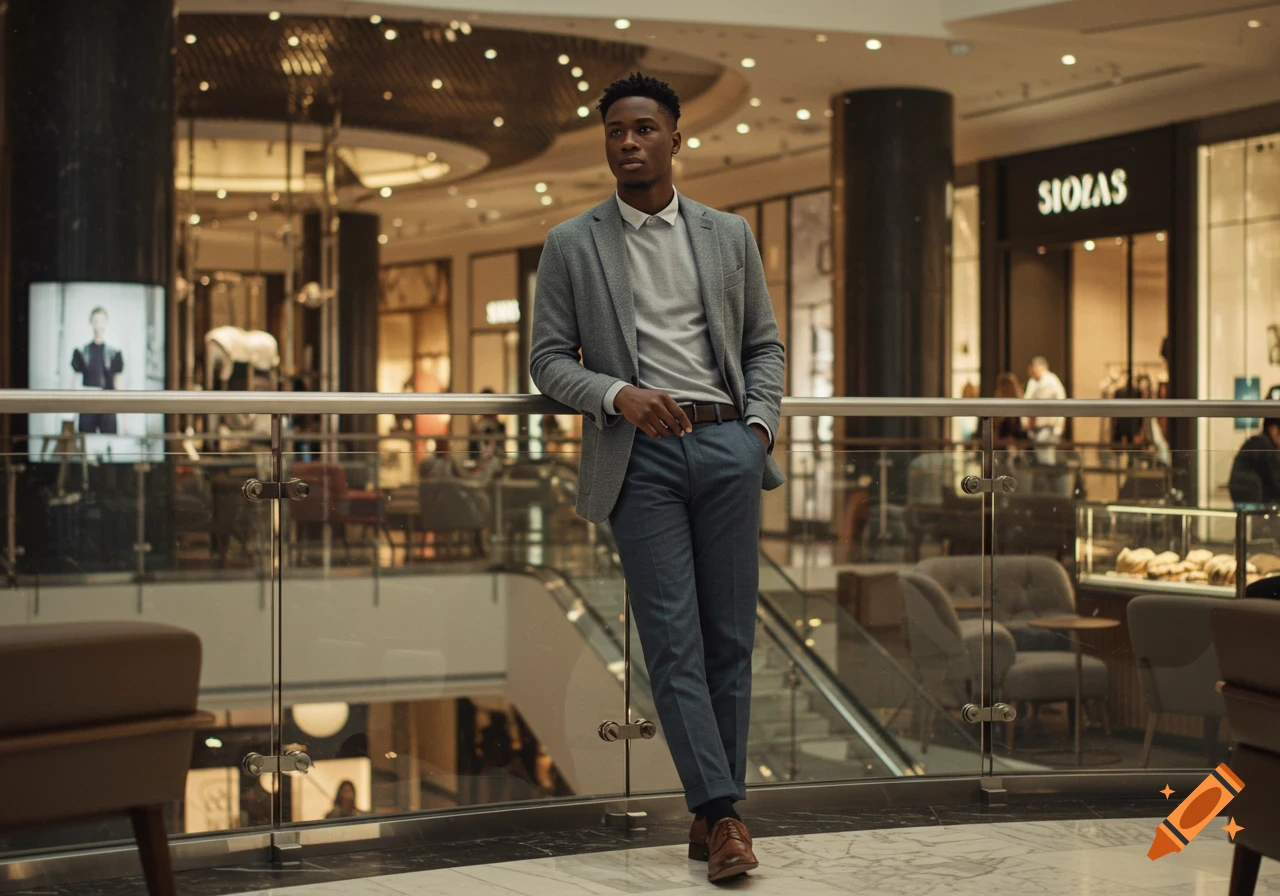 A stylish young man in a gray blazer and blue pants leans on a railing in a modern luxury mall.